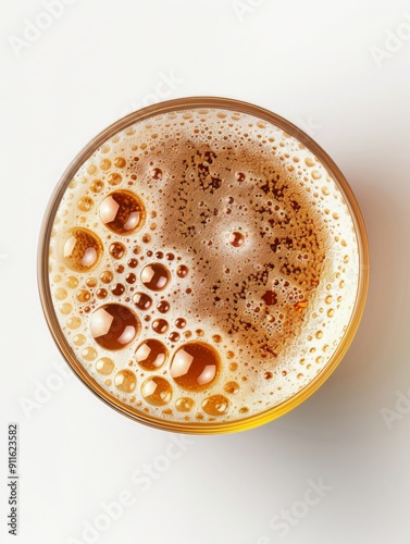 Glass of beer with white foam and bubbles on top photo