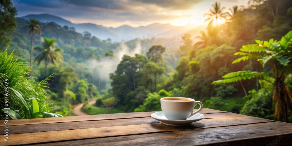 A Cup of Coffee in a Lush Jungle Setting at Sunset, sunrise, tropical, nature, coffee A Cup of Coffee in a Lush Jungle Setting at Sunset, sunrise, tropical, nature, coffee