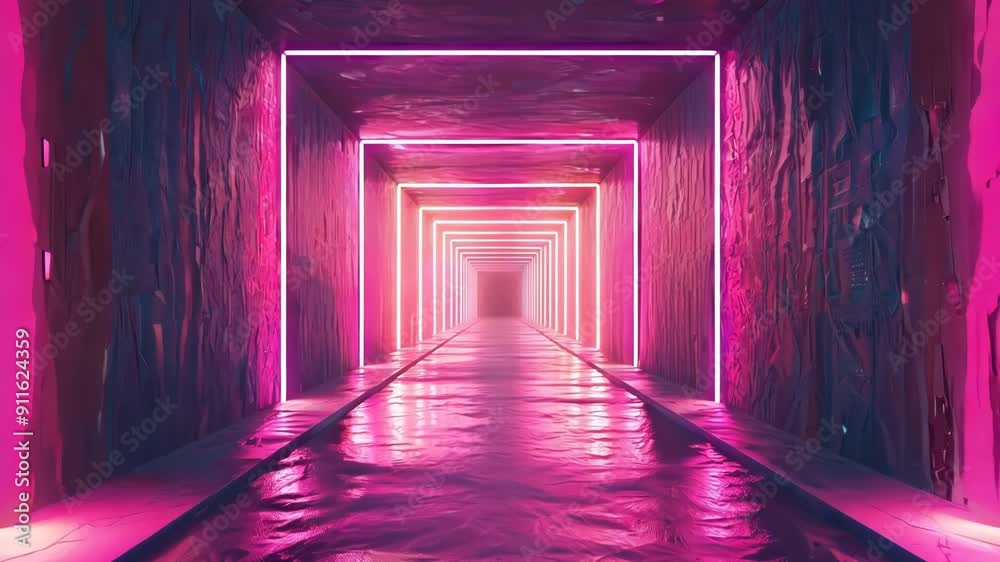 Neon Lit Futuristic Tunnel With Pink And Purple Illumination Creating A Striking Visual Effect