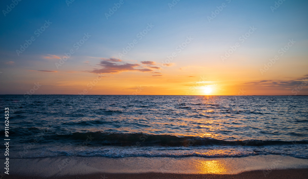 Fototapeta premium Landscape horizon viewpoint panorama summer shore sea beach nobody wind wave cool holiday look calm big sunset sky twilight evening on day time nature tropical coast beautiful ocean water travel