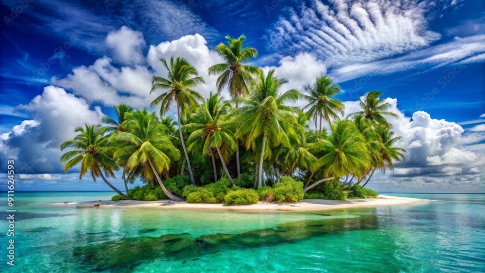 A Tranquil Paradise Palm Trees on a Tiny Island, White Sand, and Vivid Blue Water, Aerial Perspective, Tropical Island, Palm Trees, Blue Sky A Tranquil Paradise Palm Trees on a Tiny Island, White Sand, and Vivid Blue Water, Aerial Perspective, Tropical Island, Palm Trees, Blue Sky