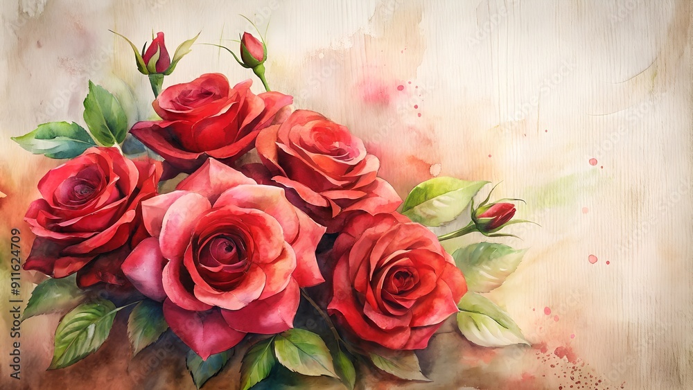 Romantic Bouquet of Red Roses with Watercolor Effects on a Vintage Background Romantic Bouquet of Red Roses with Watercolor Effects on a Vintage Background