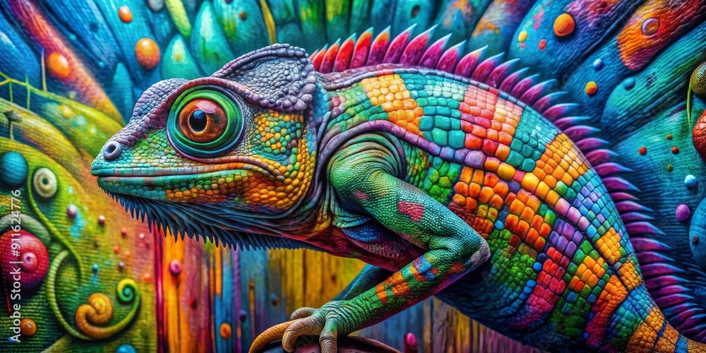 Naklejka premium A Vivid Chameleon with Scales of Rainbow Hues, Digital Art, Chameleon Portrait, Vibrant Colors, Animal Art, chameleon, art