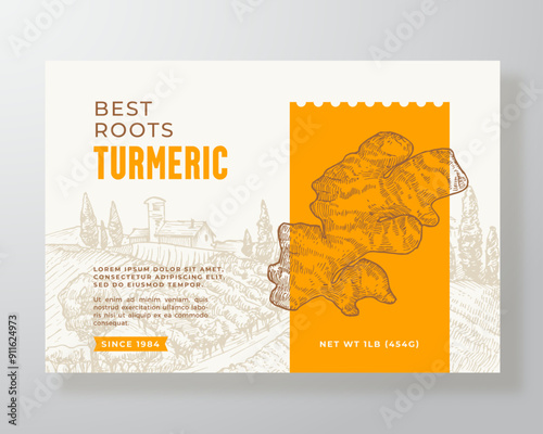 Turmeric Plant Root Curry Food Label Template. Abstract Vector Packaging Design Layout. Modern Typography Banner with Hand Drawn Curcuma Spice and Rural Landscape Background. Isolated