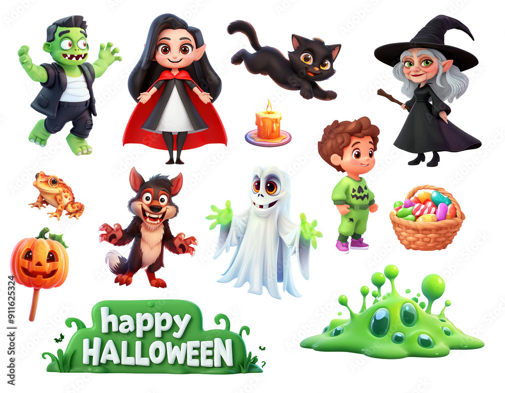Fototapeta premium A collection of Halloween themed cartoon characters and objects isolated on white or transparent background, png clipart, design element. Easy to place on any other background.