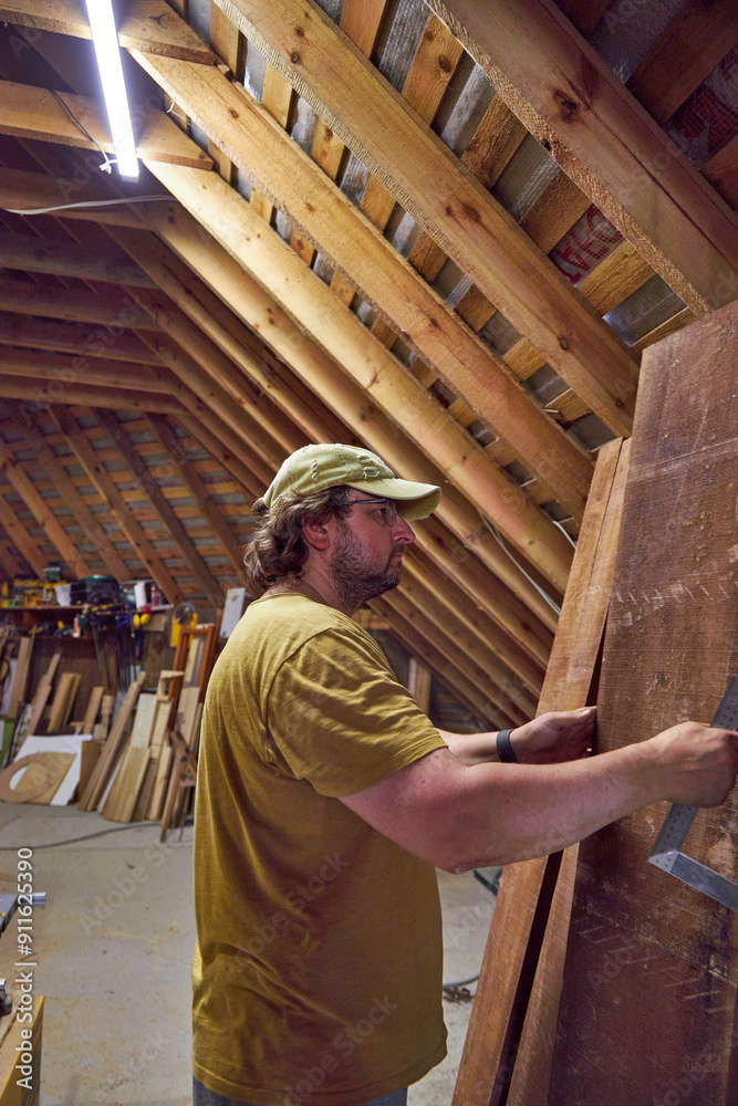 a man in a home carpentry shop selects boards for work a man in a home carpentry shop selects boards for work