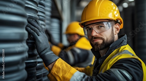 A man in a yellow safety vest and a hard hat is leaning against a wall