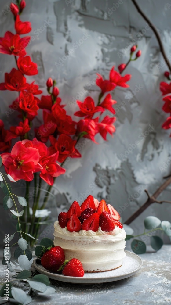 white cake with fresh strawberries. red tulips in vases and scattered on the table. vibrant and elegant. space for text white cake with fresh strawberries. red tulips in vases and scattered on the table. vibrant and elegant. space for text