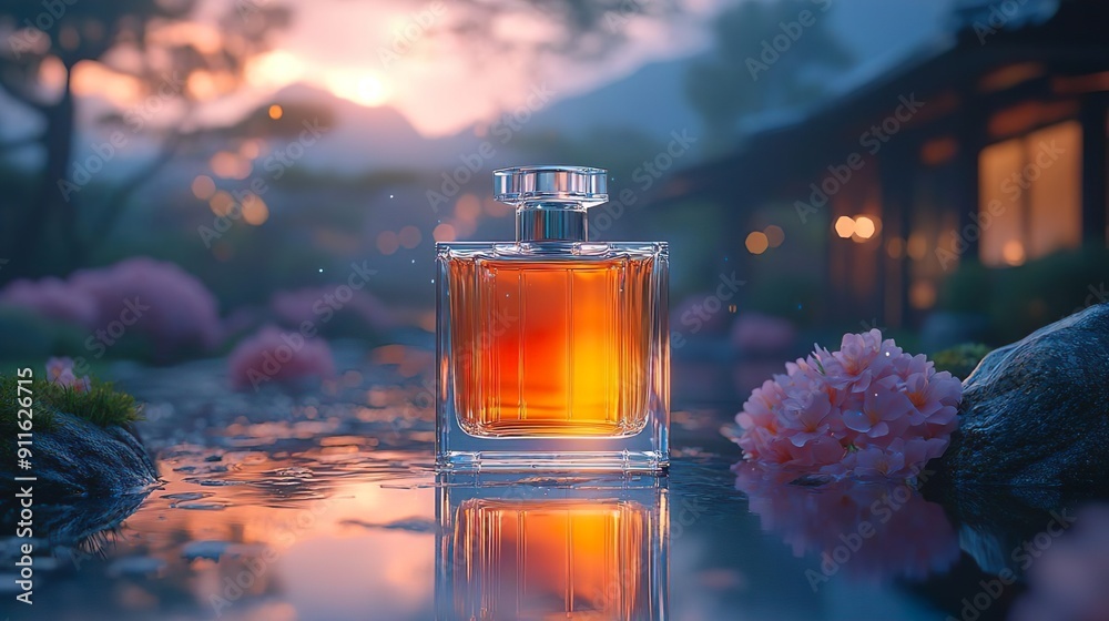 Product photography: A minimalist, crystalline, feminine perfume bottle in the woods with cinematic lights. visual sensation of well-being draws the attention of those who look at the image. AImage wi Product photography: A minimalist, crystalline, feminine perfume bottle in the woods with cinematic lights. visual sensation of well-being draws the attention of those who look at the image. AImage wi