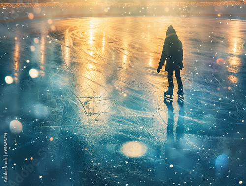 Elegant Ice Skater Gliding Across a Frozen Lake at Sunset During Winter Evening