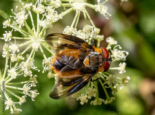 Close-up with Pellucid fly (Volucella pellucens) sitting on a  flower.  photo