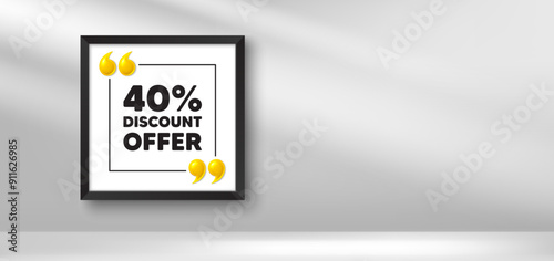 Photo frame banner. 40 percent discount tag. Sale offer price sign. Special offer symbol. Discount picture frame message. 3d comma quotation. Vector