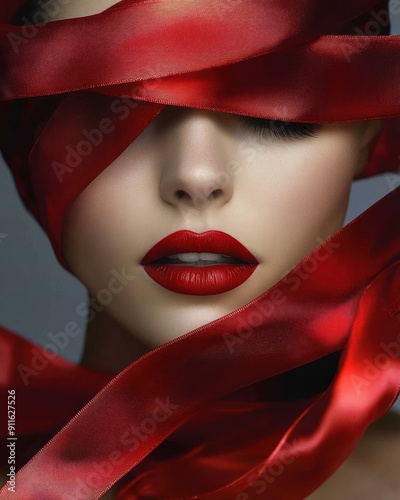 Elegant woman with red ribbons concealing her eyes photo