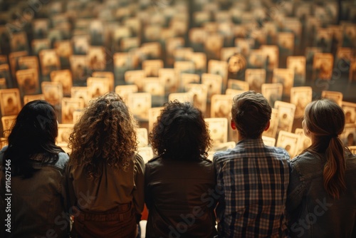 A group of four people sits together, gazing at a multitude of illuminated photographs, creating a scene focused on memories, connection, and reflection.