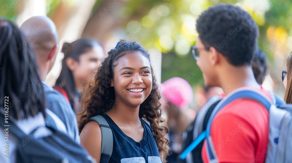A group of diverse high school teenagers wearing backpacks, engaged in a lively conversation outdoors in a sunny setting. A group of diverse high school teenagers wearing backpacks, engaged in a lively conversation outdoors in a sunny setting.