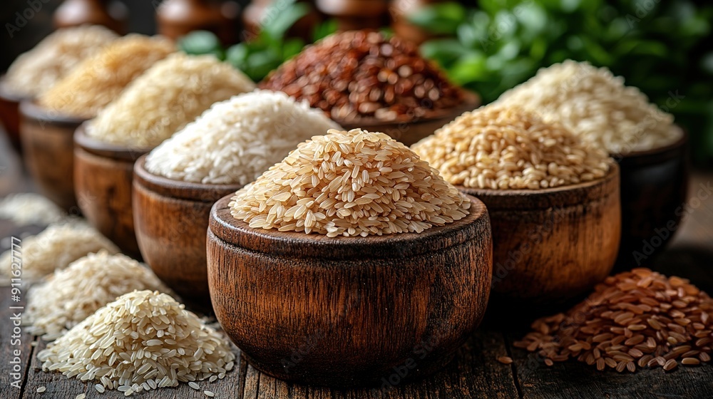 Raw rice grains on a wooden kitchen countertop. Showing different types of rice varieties like jasmine, basmati, and brown rice. Focusing on diversity in cooking ingredients. Ideal for recipe books. 
