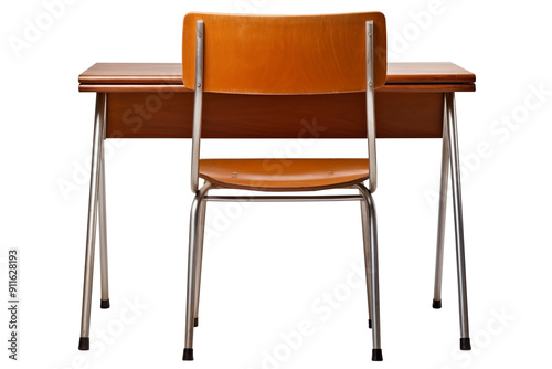 Bck View of a Classroom Wooden Desk and Chair PNG isolated on white and transparent background - School Furniture Education Workspace Study environment Back to school concept