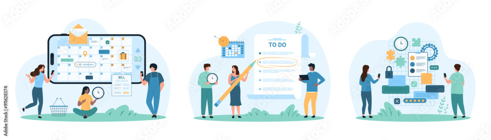Business tasks management and planning set. Tiny people work with online planner on phone screen, add meeting, emails and messages to task board, highlight to do list item cartoon vector illustration Business tasks management and planning set. Tiny people work with online planner on phone screen, add meeting, emails and messages to task board, highlight to do list item cartoon vector illustration