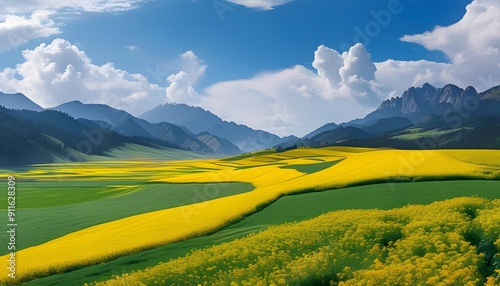 The magnificent valleys and rapeseed fields of Zhuoer Mountain are full of vitality and colorful. photo