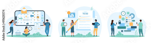 Business tasks management and planning set. Tiny people work with online planner on phone screen, add meeting, emails and messages to task board, highlight to do list item cartoon vector illustration