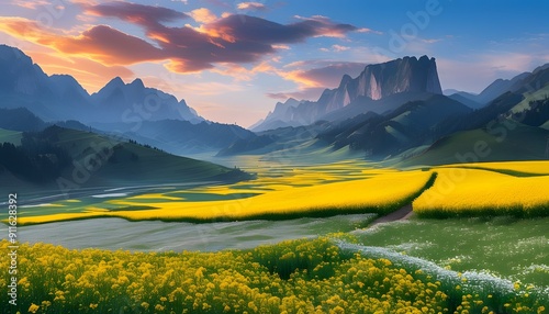 The magnificent valleys and rapeseed fields of Zhuoer Mountain are full of vitality and colorful. photo