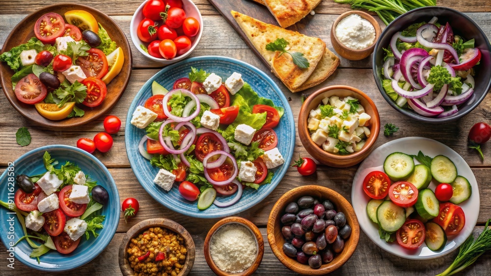 Mediterranean Salad Feast A Vibrant Composition of Fresh Ingredients, Greek Salad, Feta Cheese, Tomatoes, Cucumbers and Red Onion, Greek, Mediterranean Mediterranean Salad Feast A Vibrant Composition of Fresh Ingredients, Greek Salad, Feta Cheese, Tomatoes, Cucumbers and Red Onion, Greek, Mediterranean