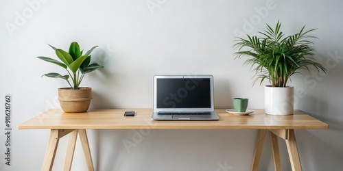 Minimalist Home Office Desk with Plants and Laptop, Minimalist, Home Office, Workspace, Productivity, Plants