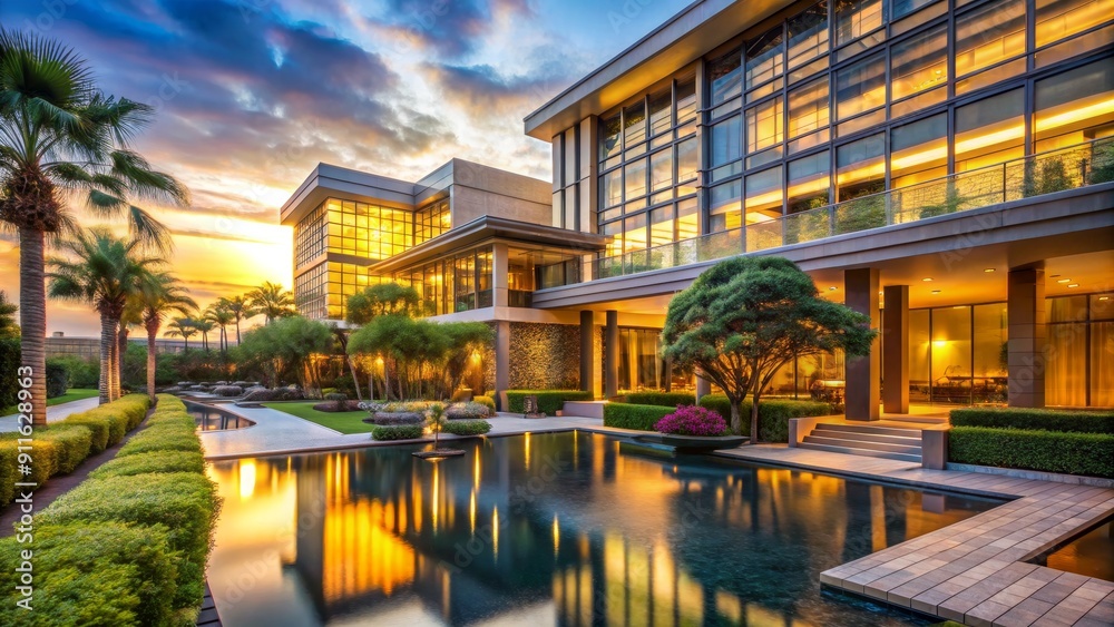 Modern Architecture with Pool Reflection at Sunset, architecture , sunset , pool , reflection Modern Architecture with Pool Reflection at Sunset, architecture , sunset , pool , reflection