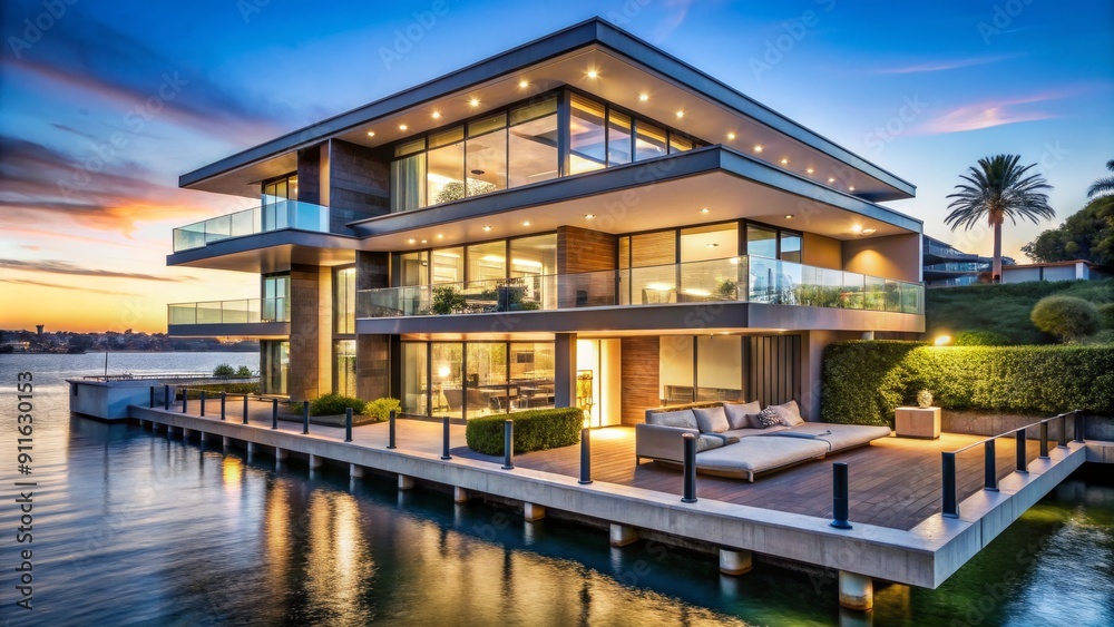 Obraz premium Modern Waterfront Villa at Sunset, Water, Architecture, Design, Luxury