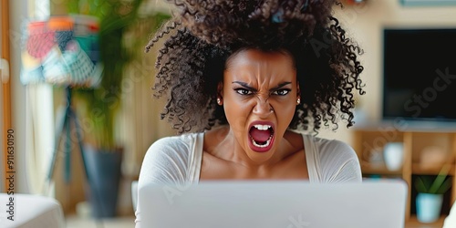 angry bride using laptop, living room background, copy space photo