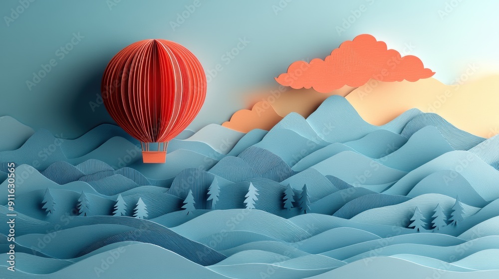 Fototapeta premium Colorful Paper Art Cutout Hot Air Balloon Landscape