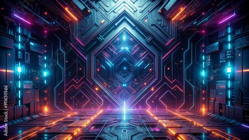 Neon Glow in a Futuristic Digital Space, 3D Render, Cyberpunk Architecture, Glowing Lines, Sci-Fi Interior, cyberpunk , futuristic
