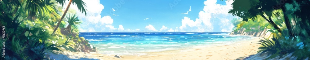 Summer's Sizzling Serenade: A High-Definition Hand-Drawn Illustration of Sun-Kissed Beach Bliss, Celebrating the Season's Heat with Vivid Colors and Warm Sands in Anime Style. Summer's Sizzling Serenade: A High-Definition Hand-Drawn Illustration of Sun-Kissed Beach Bliss, Celebrating the Season's Heat with Vivid Colors and Warm Sands in Anime Style.