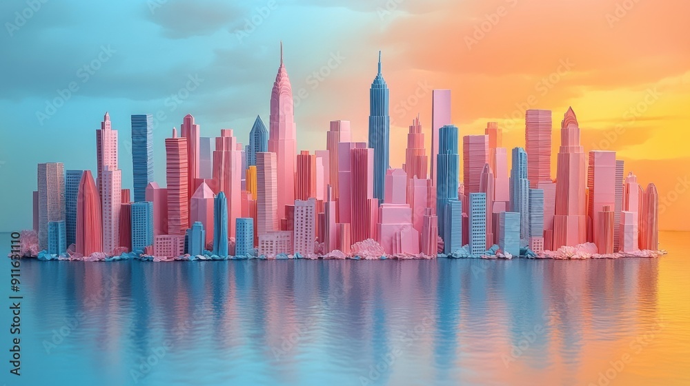 Creative Paper Art City Skyline with Folded Buildings Creative Paper Art City Skyline with Folded Buildings