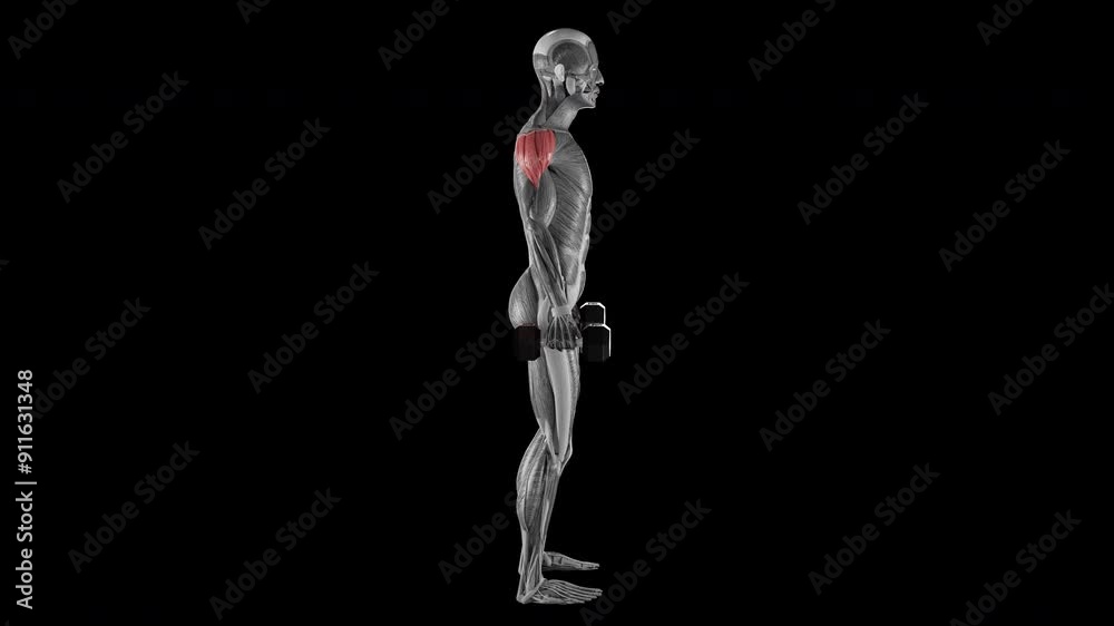 Dumbbell side raise exercise demonstration with muscle identification - side view Dumbbell side raise exercise demonstration with muscle identification - side view