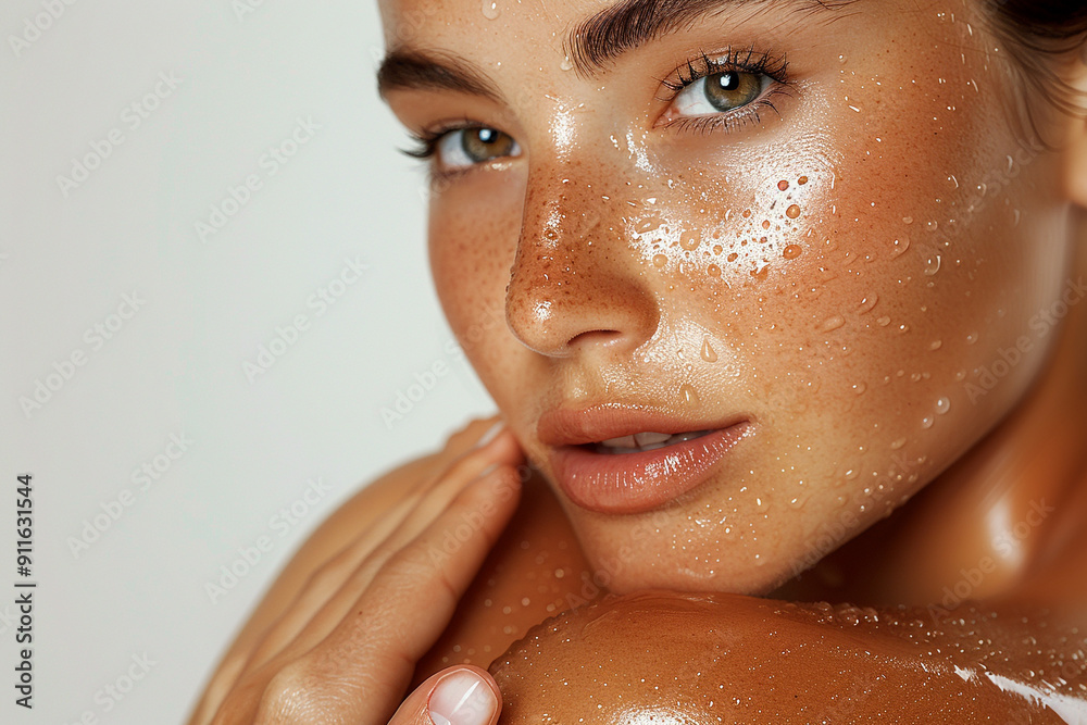 Close up photo of a girl showing her shoulders, suitable for use in skincare product advertisements Close up photo of a girl showing her shoulders, suitable for use in skincare product advertisements
