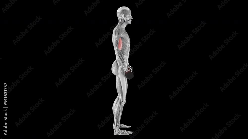 Dumbbell bicep curl exercise demonstration with muscle identification - side view Dumbbell bicep curl exercise demonstration with muscle identification - side view