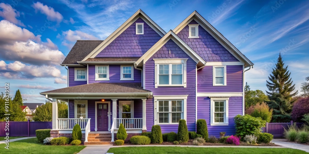 Purple Dream House with Lush Greenery, Wide Angle, Exterior, Real Estate, Landscape, Dream Home, Purple House