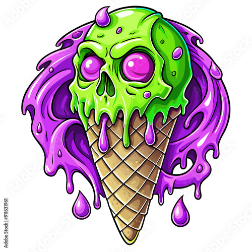 A melting green skull with glowing eyes is depicted atop a waffle ice cream cone