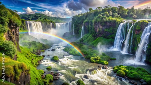 Rainbow Over Lush Waterfall, Waterfalls, Rainbow, Landscape, Nature