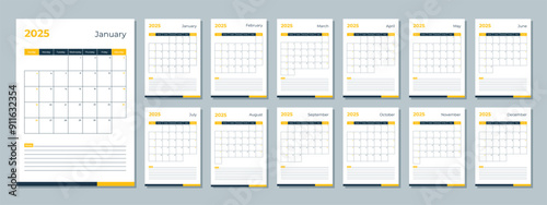 2025 calendar template. Corporate and business planner diary. The week starts on Sunday. Set of 12 months pages.