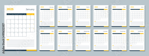 2025 calendar template. Corporate and business planner diary. The week starts on Monday. Set of 12 months pages.