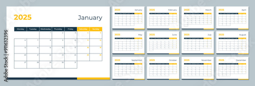 2025 calendar template. Corporate and business planner diary. The week starts on Monday. Set of 12 months pages.