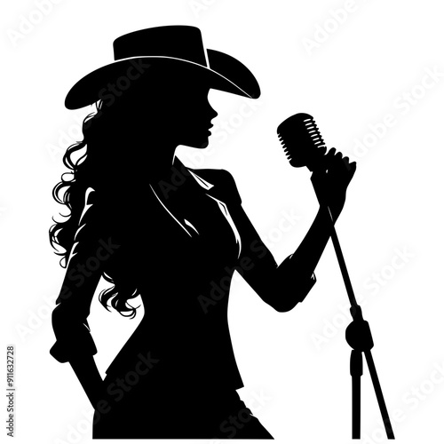 singer with microphone, singer cowgirl singing silhouette vector 