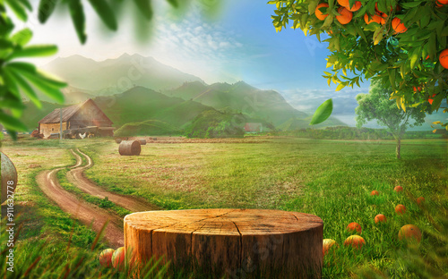 Tree trunk wood Podium display for food and other products on nature farm house background, grass and Orange tree, Sunlight at morning	
