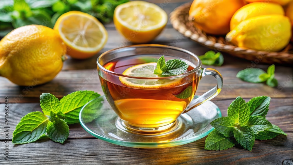 Refreshing Mint and Lemon Tea in Glass Cup, close up, glass cup, wood background, tea, lemon, mint Refreshing Mint and Lemon Tea in Glass Cup, close up, glass cup, wood background, tea, lemon, mint
