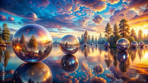 Reflective Spheres at Sunset, Digital Art, Surreal Landscape, Orbs, Mirror, Reflection, Nature