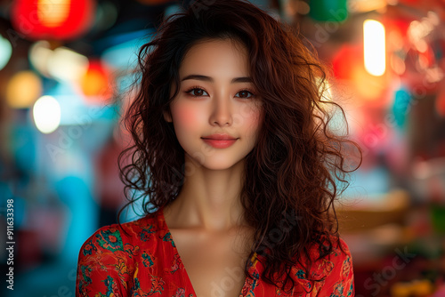 An Asian woman, dark brown curly hair, joyful expression, looking slightly to the side, wearing a vibrant red dress, colorful market background