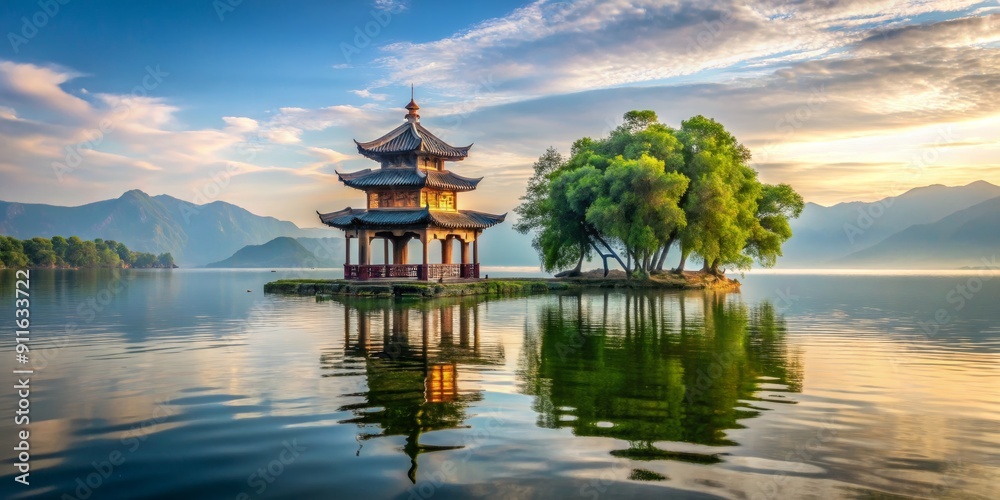 Obraz premium Serene Pagoda Reflection on a Tranquil Lake at Dawn, China, pagoda, lake, reflection, sunrise