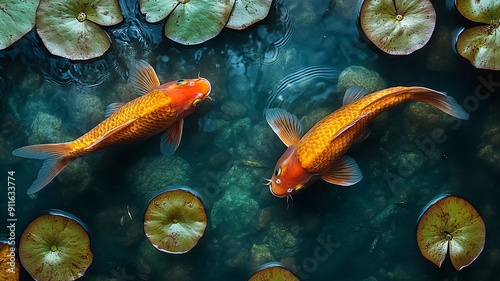 Two Koi Fish in a Pond Surrounded by Lily Pads